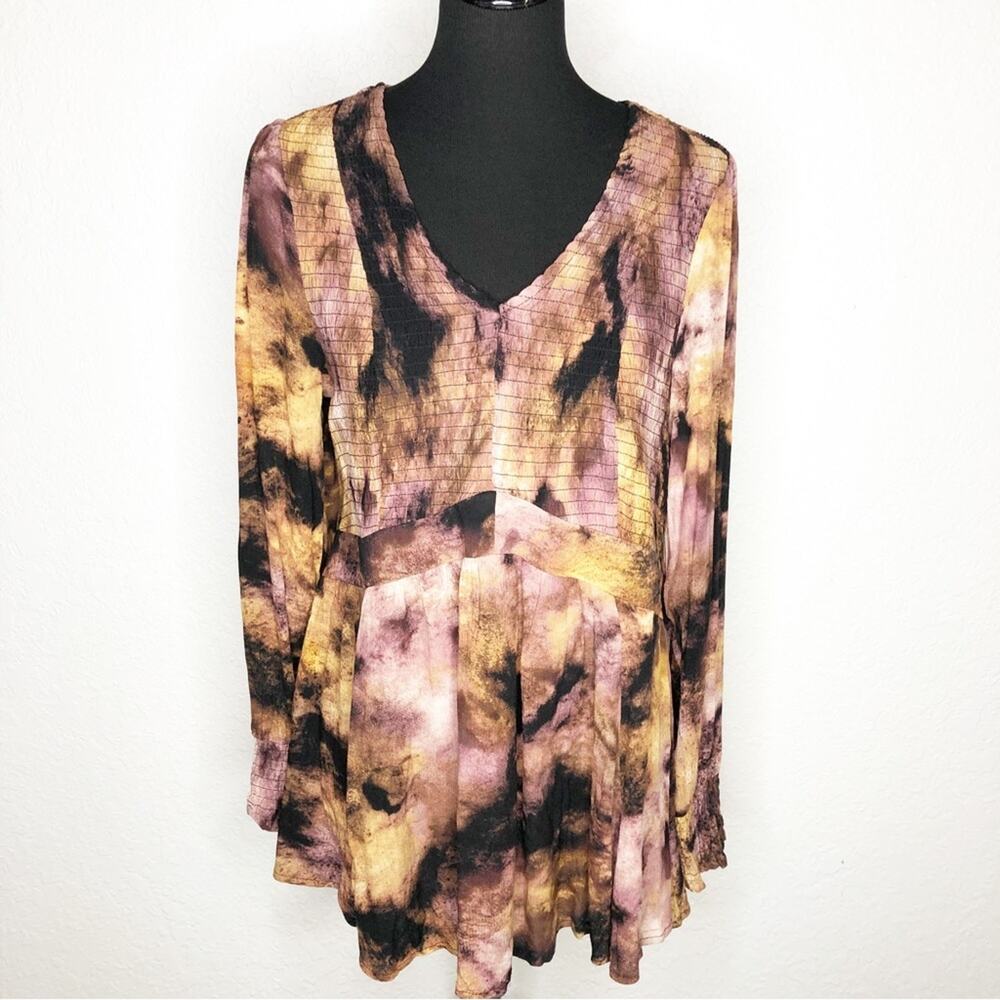 Torrid black purple gold tie dye smocked top size 0 or Large NWT bohemian